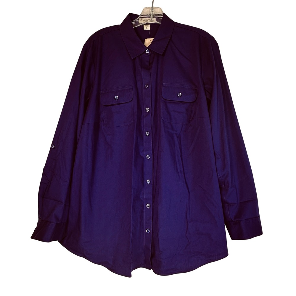 Coldwater Creek Purple No Iron Tunic Shirt XL 16 Two Pocket Cotton Button Down